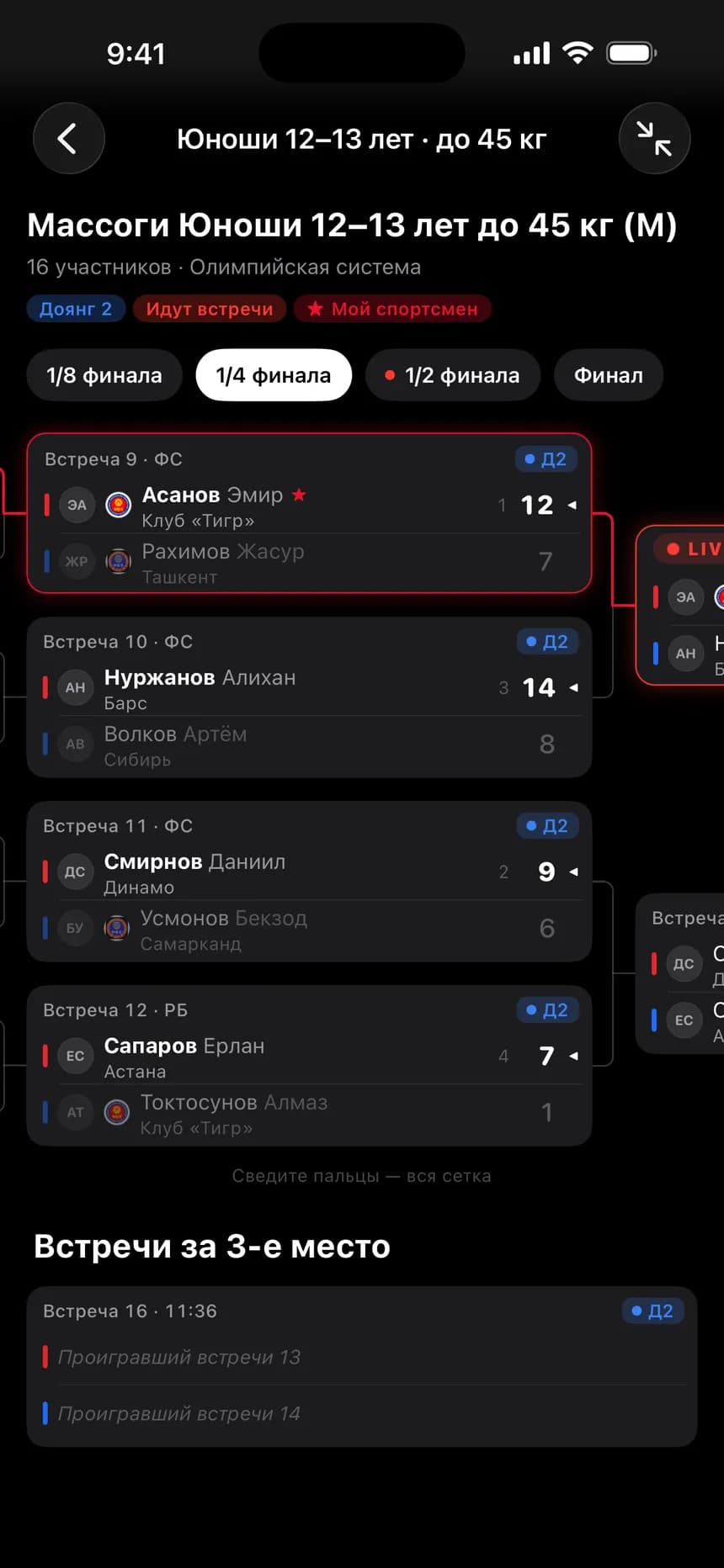 Сетка категории с живыми результатами